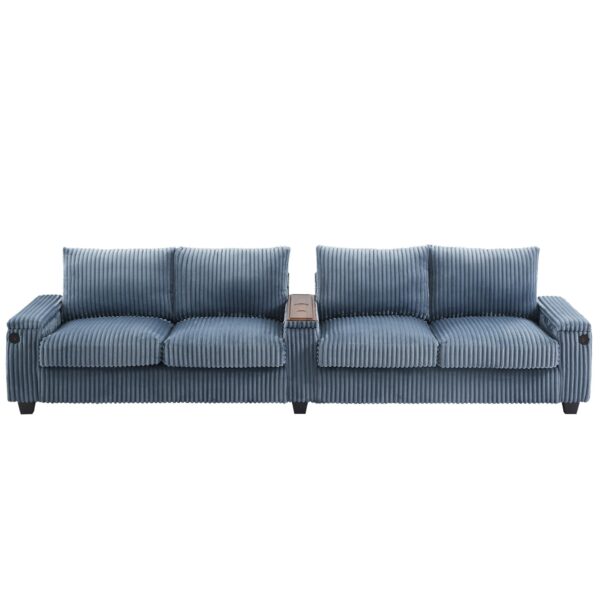 Modern 4 Seater Corduroy Sofa Couch With USB Ports, Hidden Storage, Flip Top Cup Holders - Blue