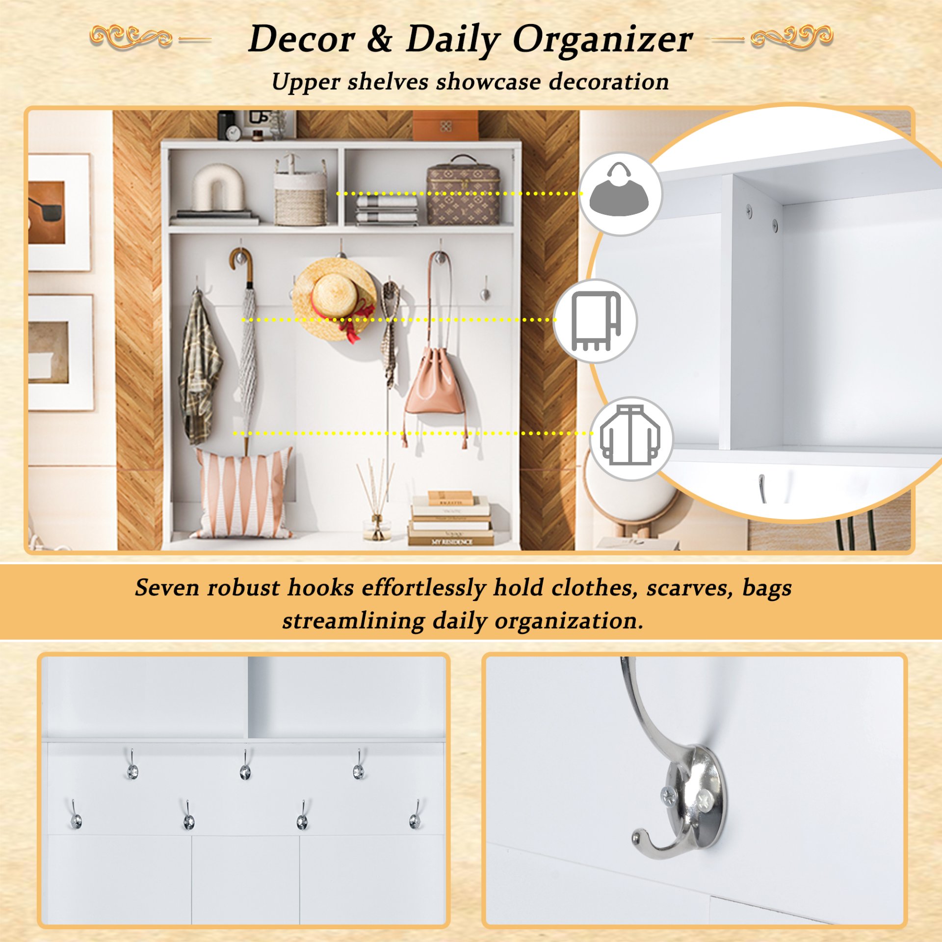 Entryway Bench With Coat Rack, 3 In 1 Design And Adjustable Shelves, Hall Tree With 7 Hooks For Entrance, Living Room - White - Image 8