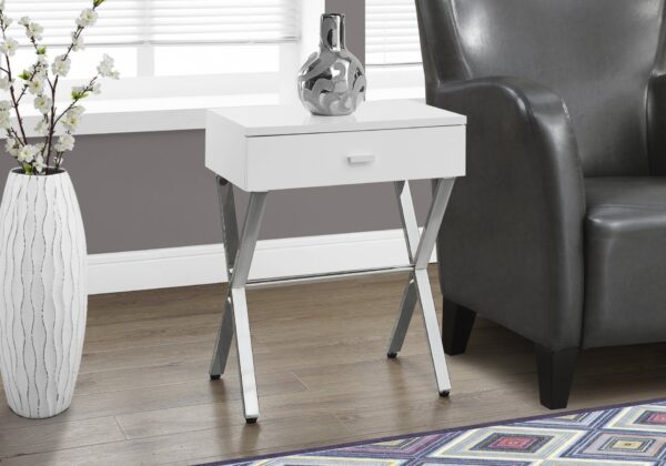 Accent Side Table, Storage Drawer, Glossy Contemporary And Modern - White