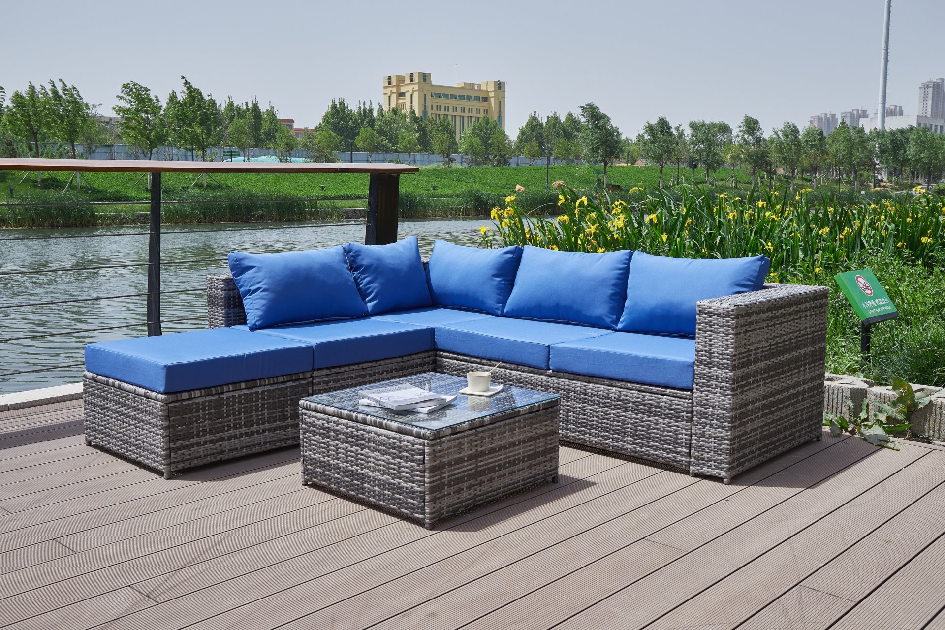 Luxurious Comfort Patio Sofa With Cushions - Blue / Gray - Image 12