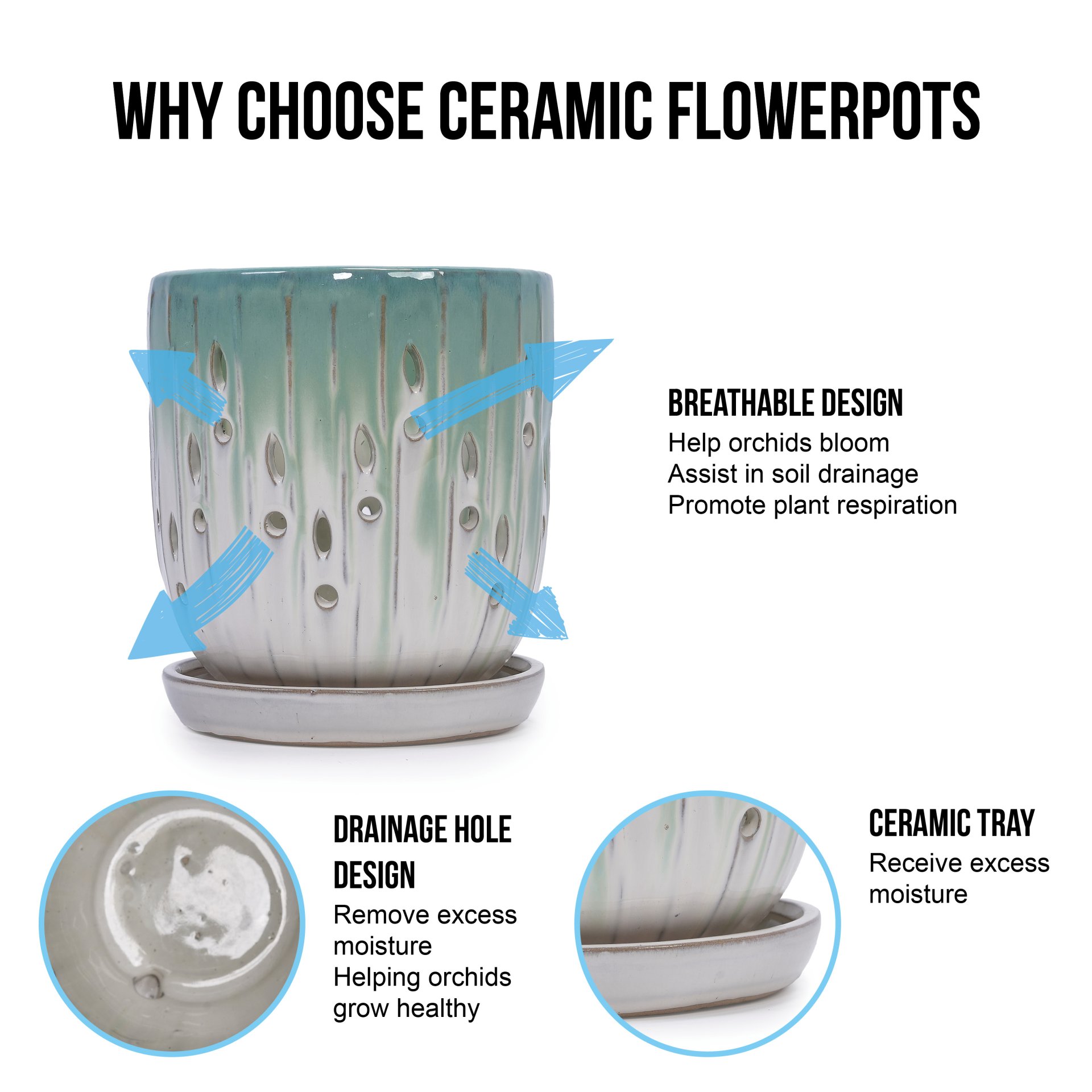 Ceramic Flowerpot With Drainage Hole, 8" Planter For Patio, Garden, Windowsill (Set of 2) - White / Green - Image 13