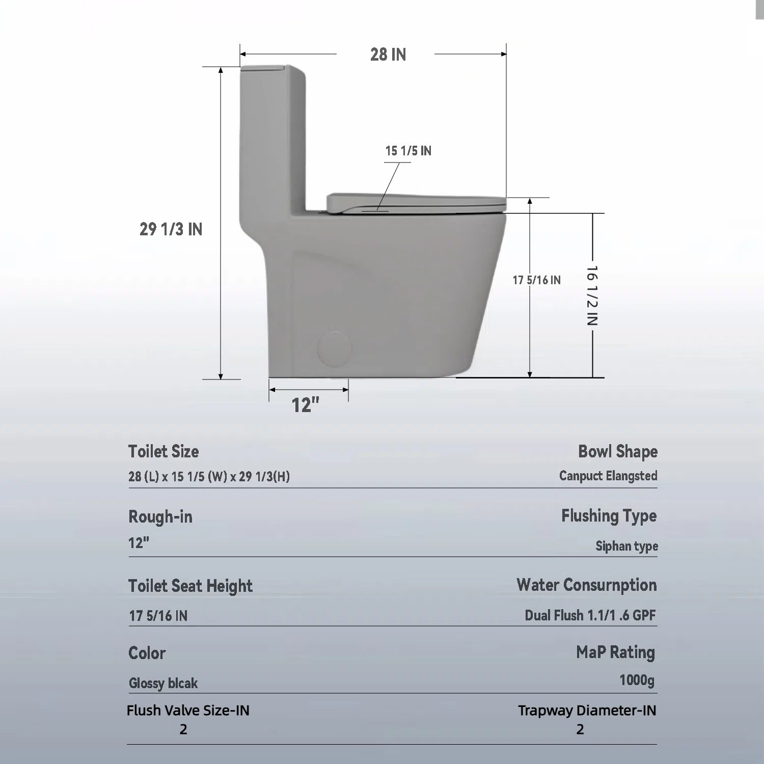 1 Piece Tornado Flush Toilet With Soft Close Seat And Dual Flush Siphonic S Trap - Light Gray - Image 3