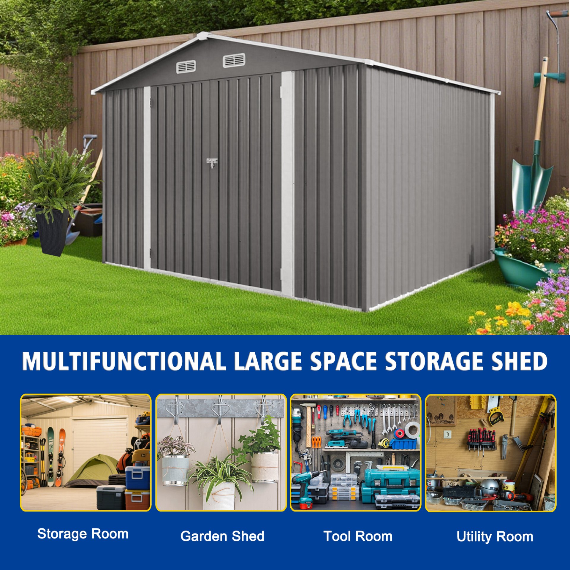 Large Metal Outdoor Storage Shed With Lockable Door, Air Vent, And Clear Window For Garden Tools And Bicycles - Gray - Image 10