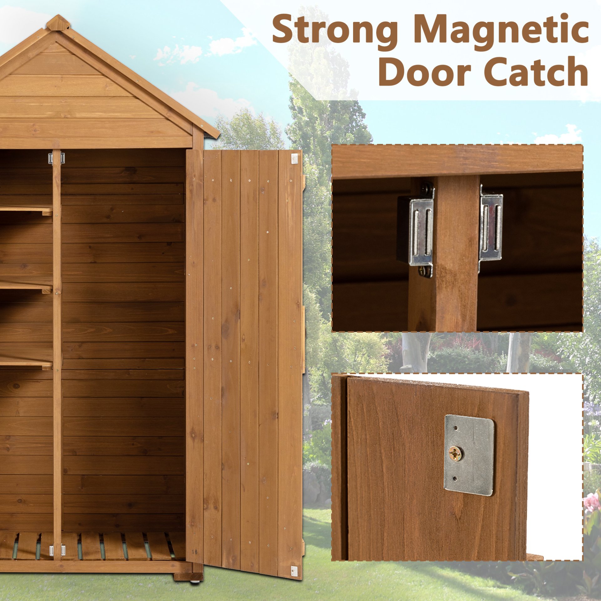 Outdoor Storage Cabinet, Garden Wood Tool Shed, Outside Wooden Shed Closet With Shelves And Latch For Yard - Light Brown - Image 6