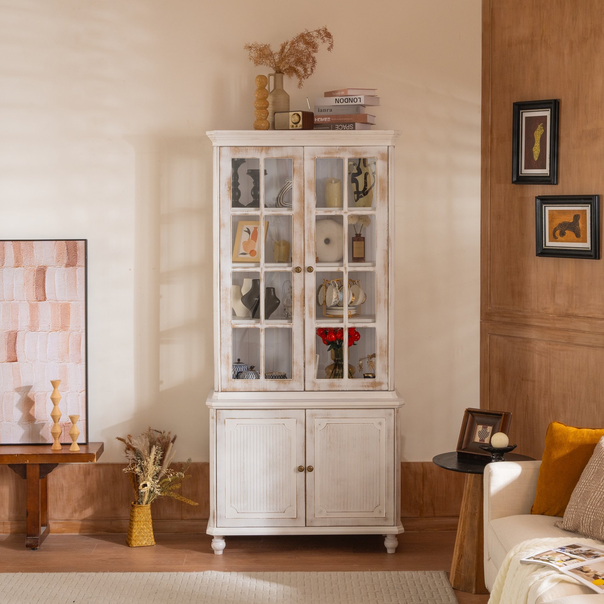 Vintage Display Cabinet With Double Glass Doors, Traditional Style Hutch For Home Or Workspace Washed - White Washed - Image 4