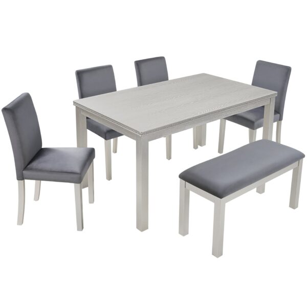 6 Pieces Wooden Dining Table Set, Wooden Dining Table With 4 Upholstered Chairs And Bench For 6 People - Silver Gray