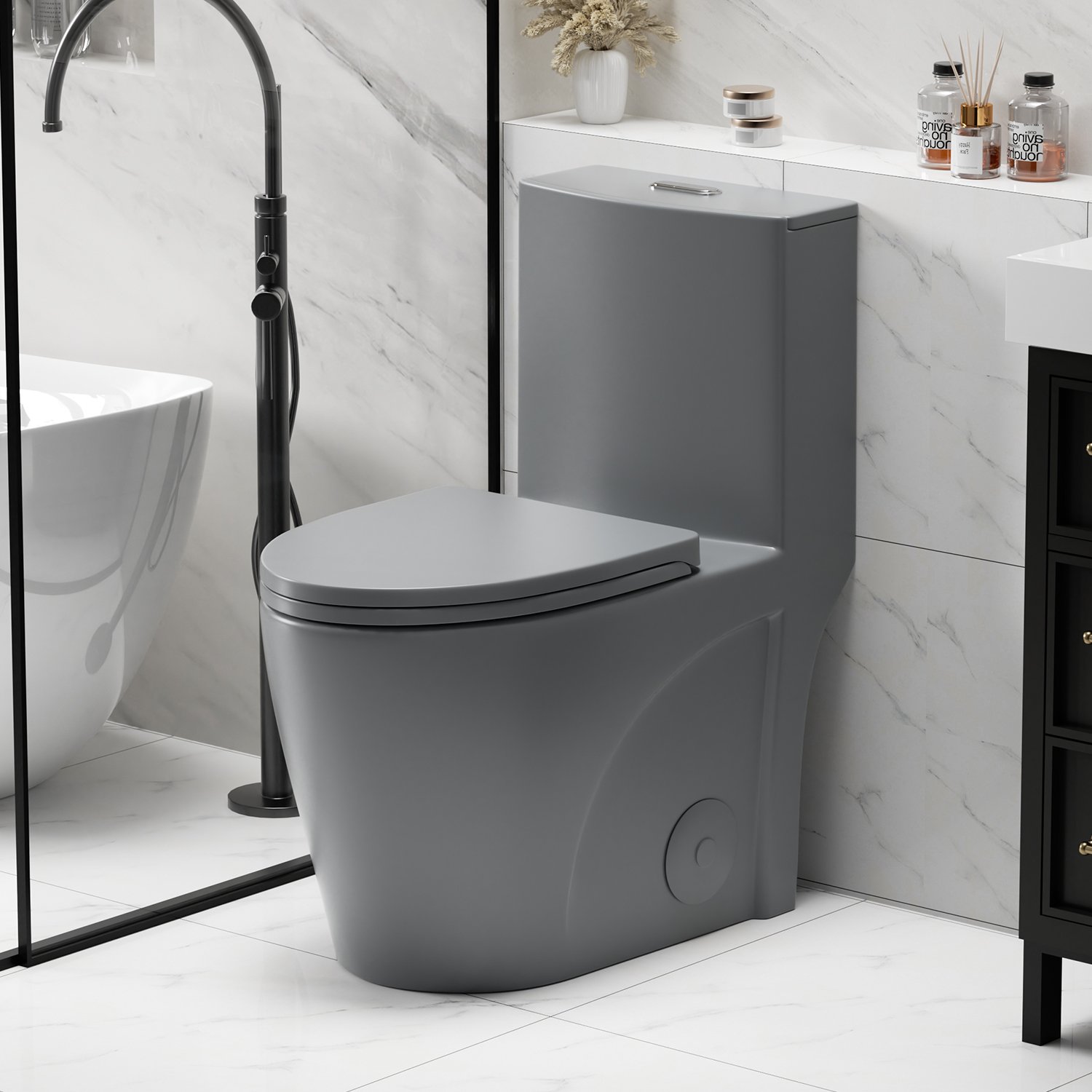 1 Piece Tornado Flush Toilet With Soft Close Seat And Dual Flush Siphonic S Trap - Light Gray - Image 4