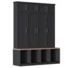 Farmhouse Hall Tree With 4 Hidden Hanging Hooks, Versatile Seating Bench With 8 Doors, Entryway Shoe Cabinet With Open Compartments For Living Room - Black - Image 10