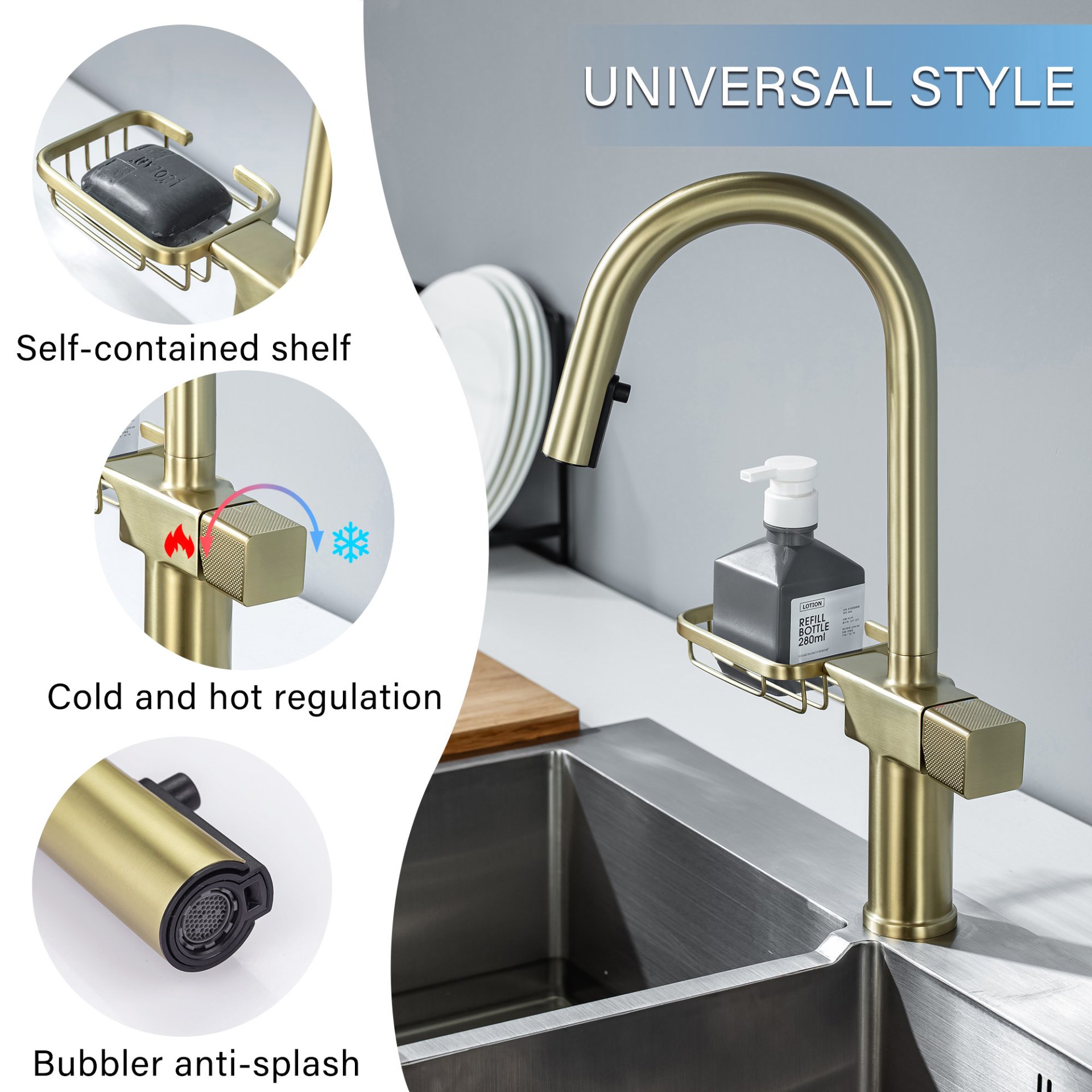 Cincosky - High Arc Pull Down Kitchen Faucet Single Hole Stainless Steel Sink Faucet - Brushed Gold - Image 6