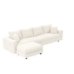 Plush Corduroy 4 Seat Sofa, Modern Comfy Upholstered Sofa Cloud Couch, Deep Seat Couches With Soft Pillows And Movable Ottoman, Convertible Sofa Lounge Chair, For Living Room, Apartment, Office - Beige