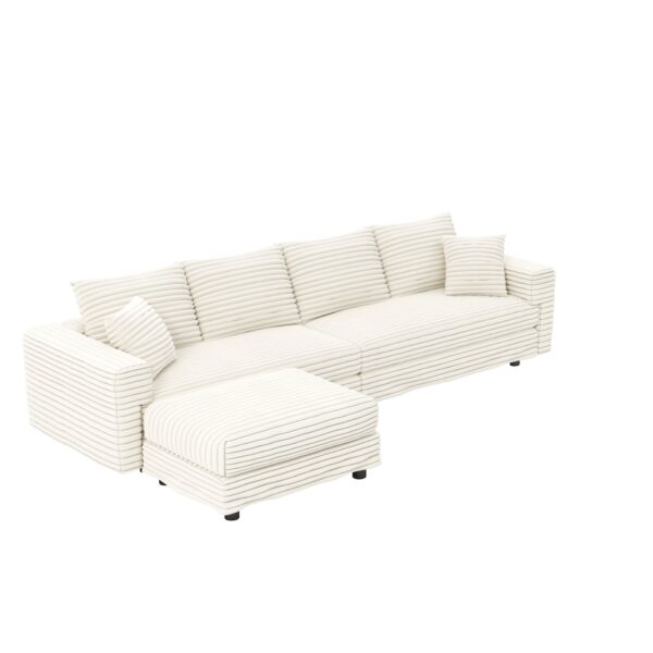 Plush Corduroy 4 Seat Sofa, Modern Comfy Upholstered Sofa Cloud Couch, Deep Seat Couches With Soft Pillows And Movable Ottoman, Convertible Sofa Lounge Chair, For Living Room, Apartment, Office - Beige