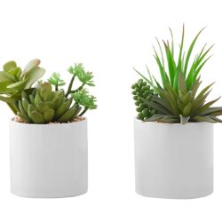 7" Tall, Artificial Plant, Succulent, Indoor, Faux, Fake, Table, Greenery, Potted, Decorative (Set of 2) - Green / White