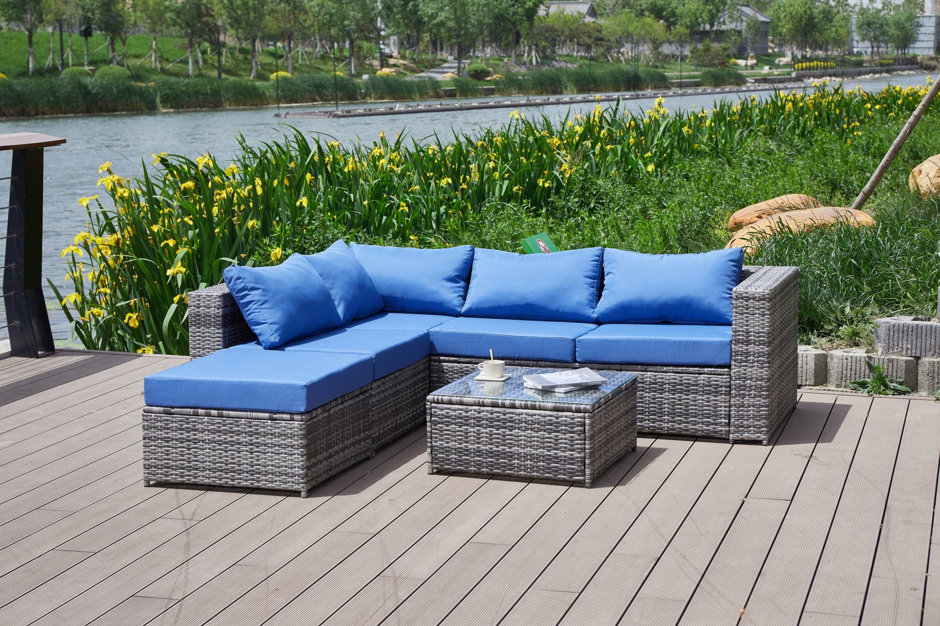 Luxurious Comfort Patio Sofa With Cushions - Blue / Gray - Image 9