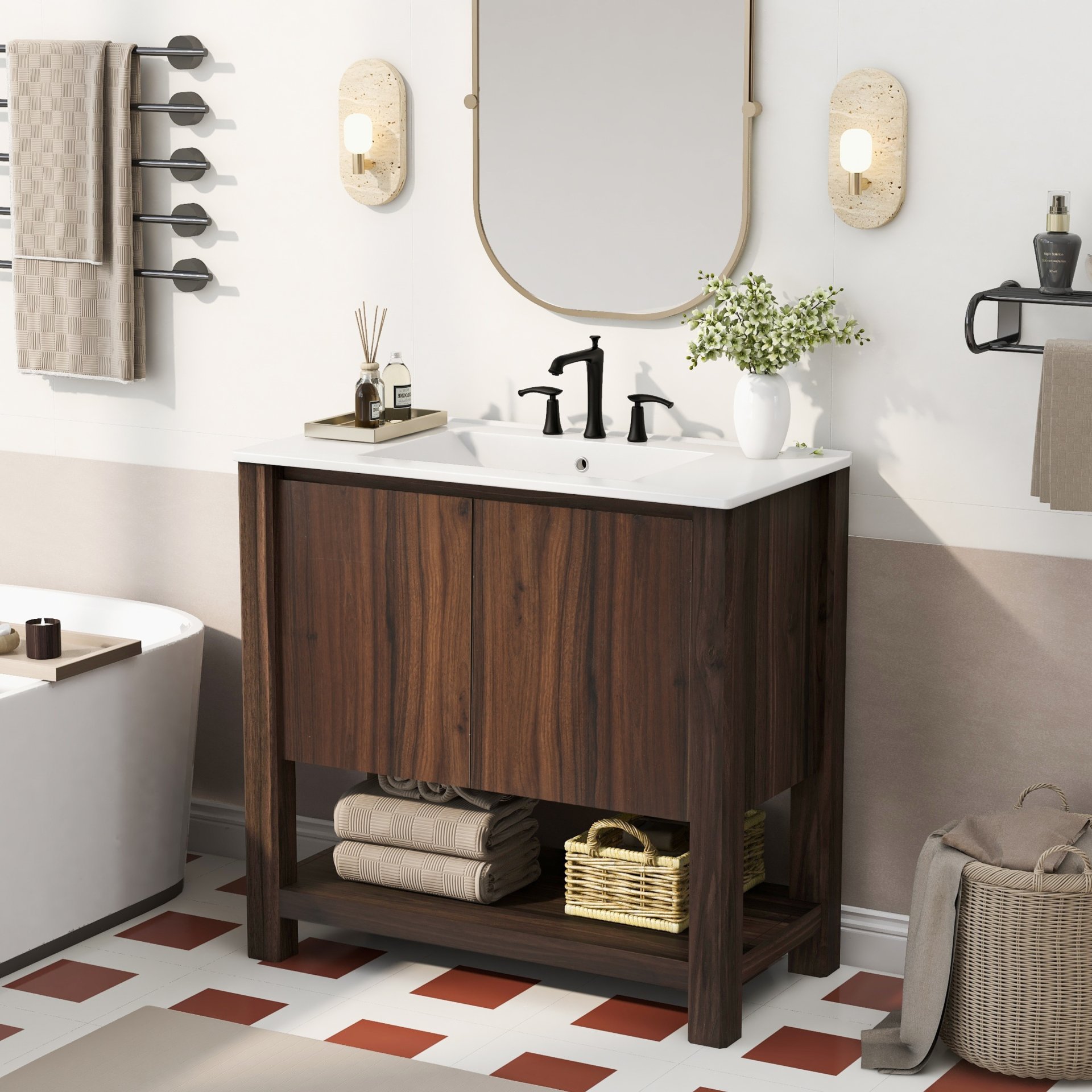 36" Modern Bathroom Vanity With Rectangle Ceramic Sink, Bathroom Cabinet And 45 Degrees Free Handle Design Soft Closing Doors, 1 Open Shelf At The Bottom - Dark Brown - Image 11
