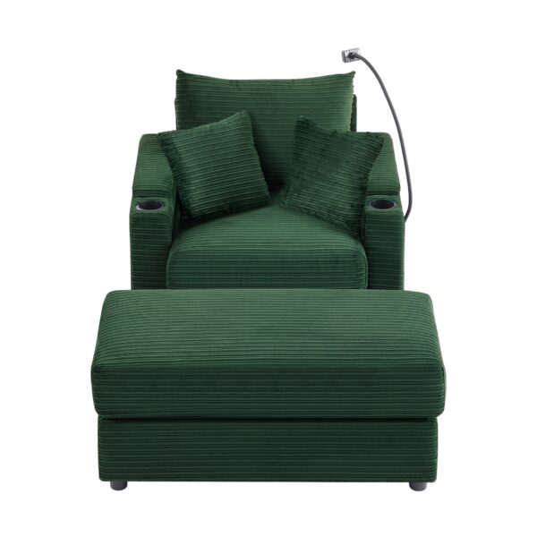 Single Sofa Couch With Storage Space, Movable Ottoman, USB Ports, Cup Holders, Phone Holder - Green