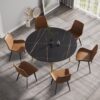 Modern Man-Made Stone Round Metal Dining Table, Position For 6 People - Gold / Black - Image 4