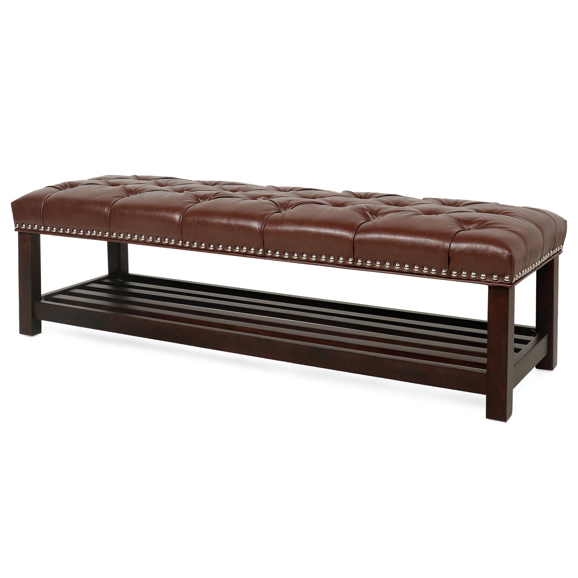 Bedroom End Of Bed Bench Tufted Upholstered End Of Bed Bench End Of Bed Entrance Shoe Bench, 60" With Nailhead Trim And Shelf Bedroom Upholstered Leather Bench Living Room Shoe Rack Footstool - Dark Brown - Image 8