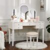 Mirrored Vanity With LED Light, Makeup Vanity Table Set With Adjustable Lighting And Storage - Antique White - Image 4
