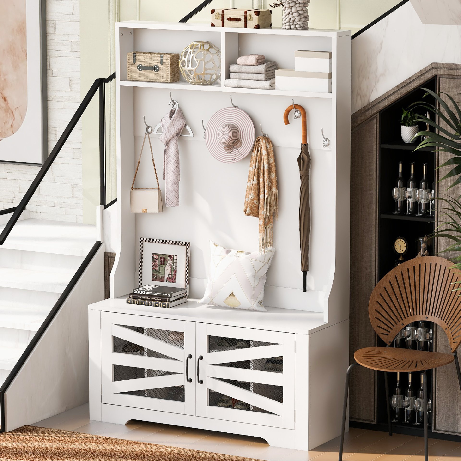 Entryway Bench With Coat Rack, 3 In 1 Design And Adjustable Shelves, Hall Tree With 7 Hooks For Entrance, Living Room - White - Image 5