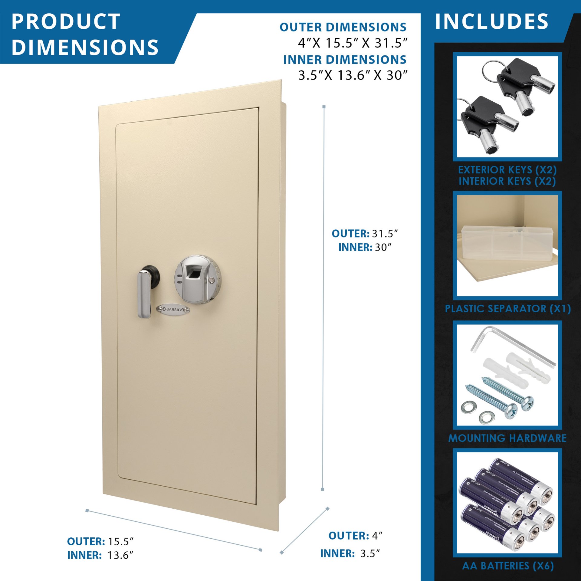 0.82 Cubic Ft Biometric Wall Safe - Beige - Image 3