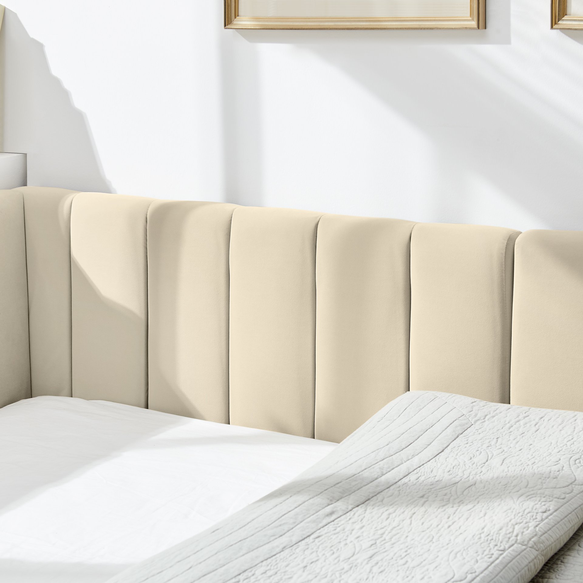 Mid Century Velvet Upholstered Full Size Tufted Bed Frame With Backrest And Armrests - Beige - Image 6