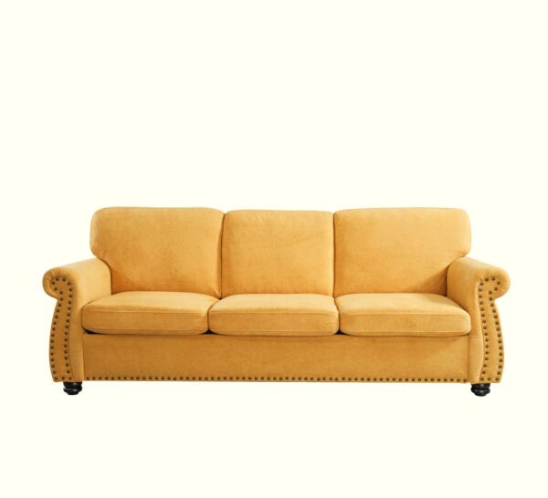 Soft Sofa, Upholstered 3 Seater Couch With High Density Foam, Loose Back Cushions And Turned Legs - Mustard Yellow