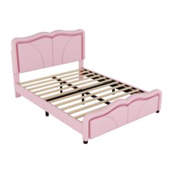 Full Size Upholstered Platform Bed With Curve Shaped And Height Adjustable Headboard, LED Light Strips - Pink