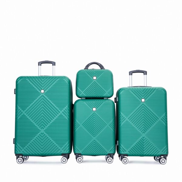 4 Piece Lightweight Suitcase, Makeup Box, Aircraft Wheels (14/20/24/28) - Dark Green