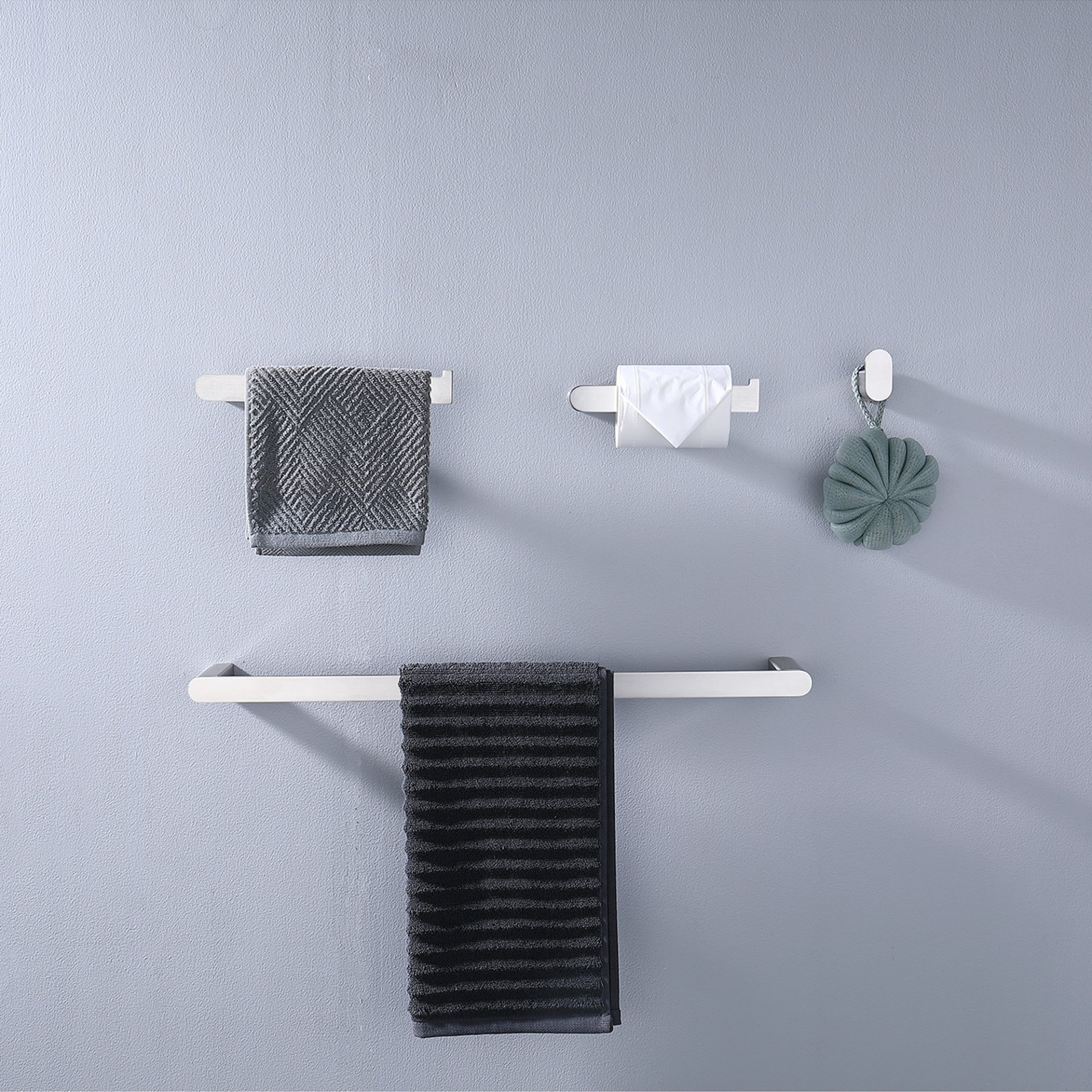 Modern Wall Mounted Bathroom Hardware Set With Robe Hook, Towel Rail, And Tissue Paper Holder - Brushed Nickel - Image 2
