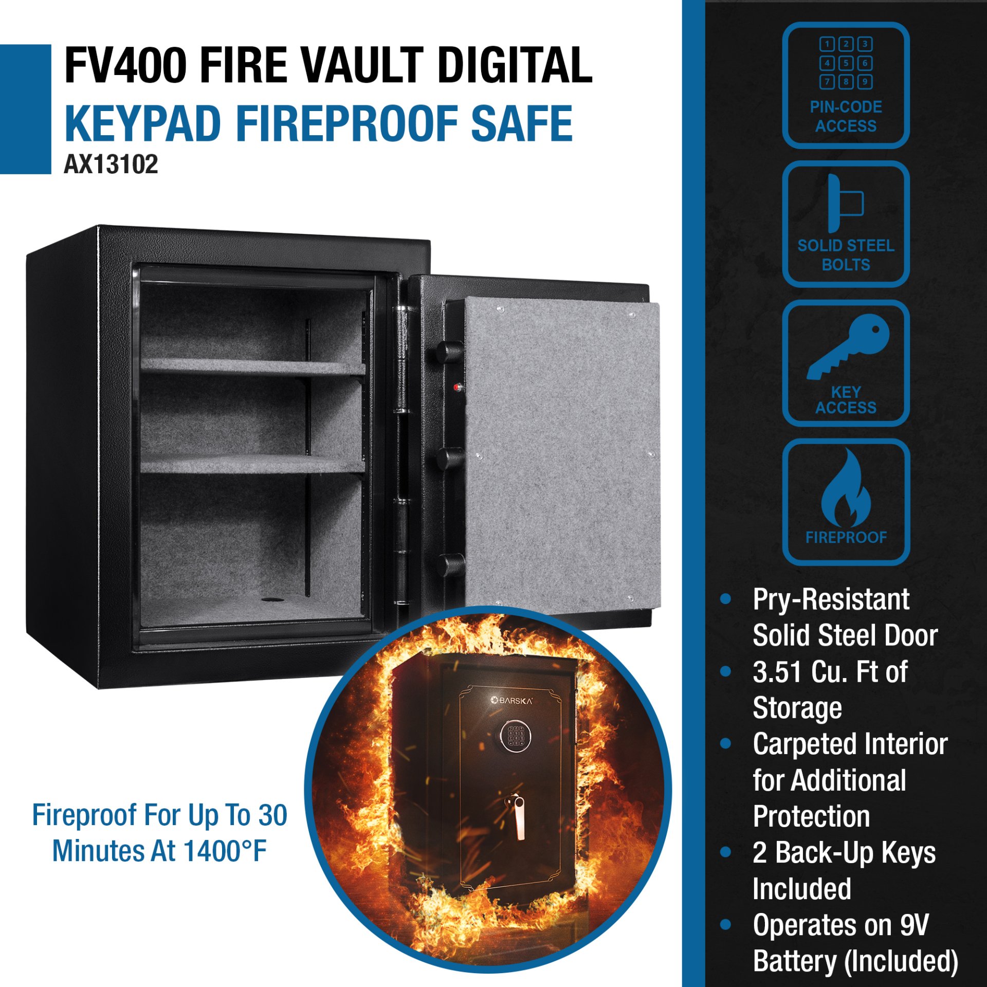 3.51 Cubic Ft Fireproof Safe Vault - Black - Image 8
