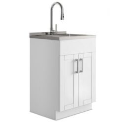 Shaker - Modern Wide, Laundry Cabinet With Faucet And Stainless Steel Sink - White