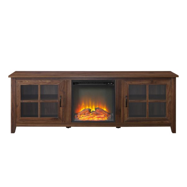Modern Farmhouse 2 Door Glass Windowpane 70" Fireplace TV Stand For 80" TVs - Dark Walnut