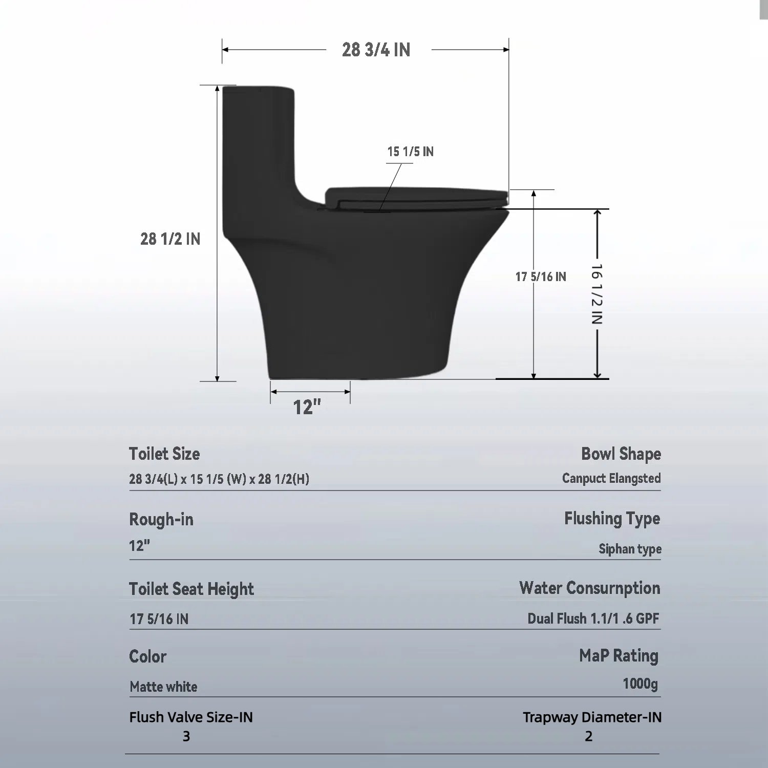 1 Piece Toilet With Dual Flush And Soft Closing Seat - Matte Black - Image 3