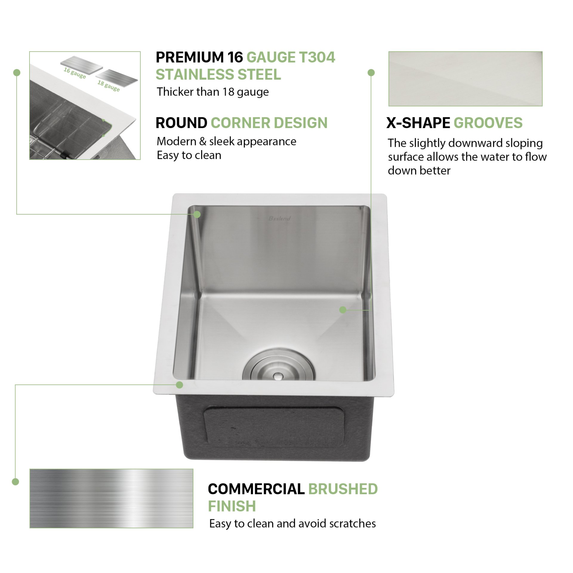13" Undermount Kitchen Sink 16 Gauge Single Bowl - Brushed Nickel - Image 6