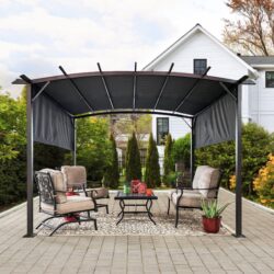 12 X 9 Ft Outdoor Patio Pergola Gazebo Steel Frame Sun Shelter With Retractable Canopy For Garden Or Backyard - Gray