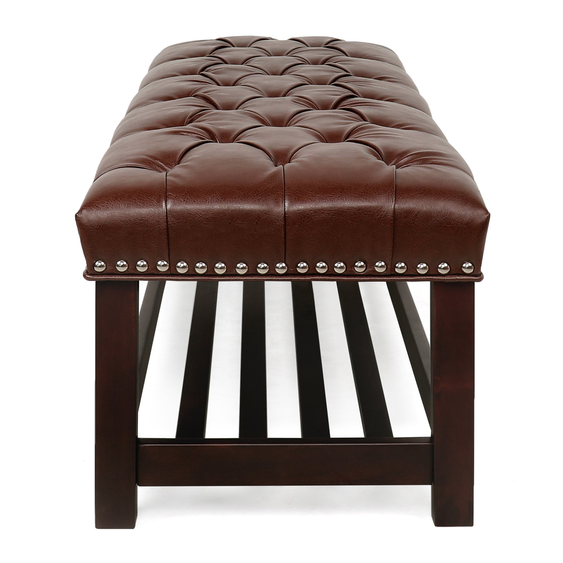 Bedroom End Of Bed Bench Tufted Upholstered End Of Bed Bench End Of Bed Entrance Shoe Bench, 60" With Nailhead Trim And Shelf Bedroom Upholstered Leather Bench Living Room Shoe Rack Footstool - Dark Brown - Image 9