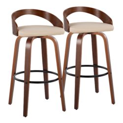 Grotto - Mid-Century Modern Fixed Height Barstool & Swivel With Round Footrest (Set of 2) - Walnut / Cream
