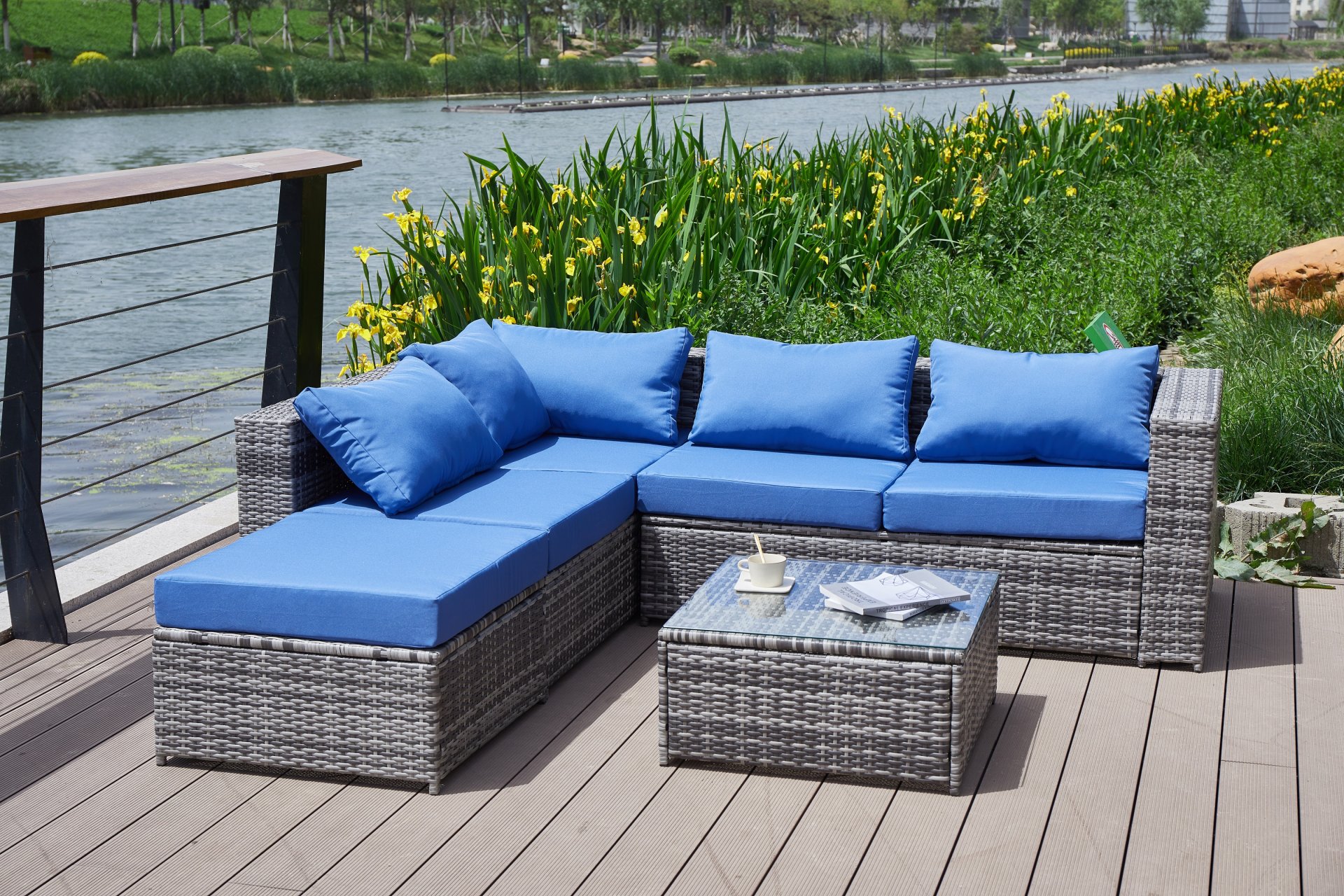 Luxurious Comfort Patio Sofa With Cushions - Blue / Gray - Image 6