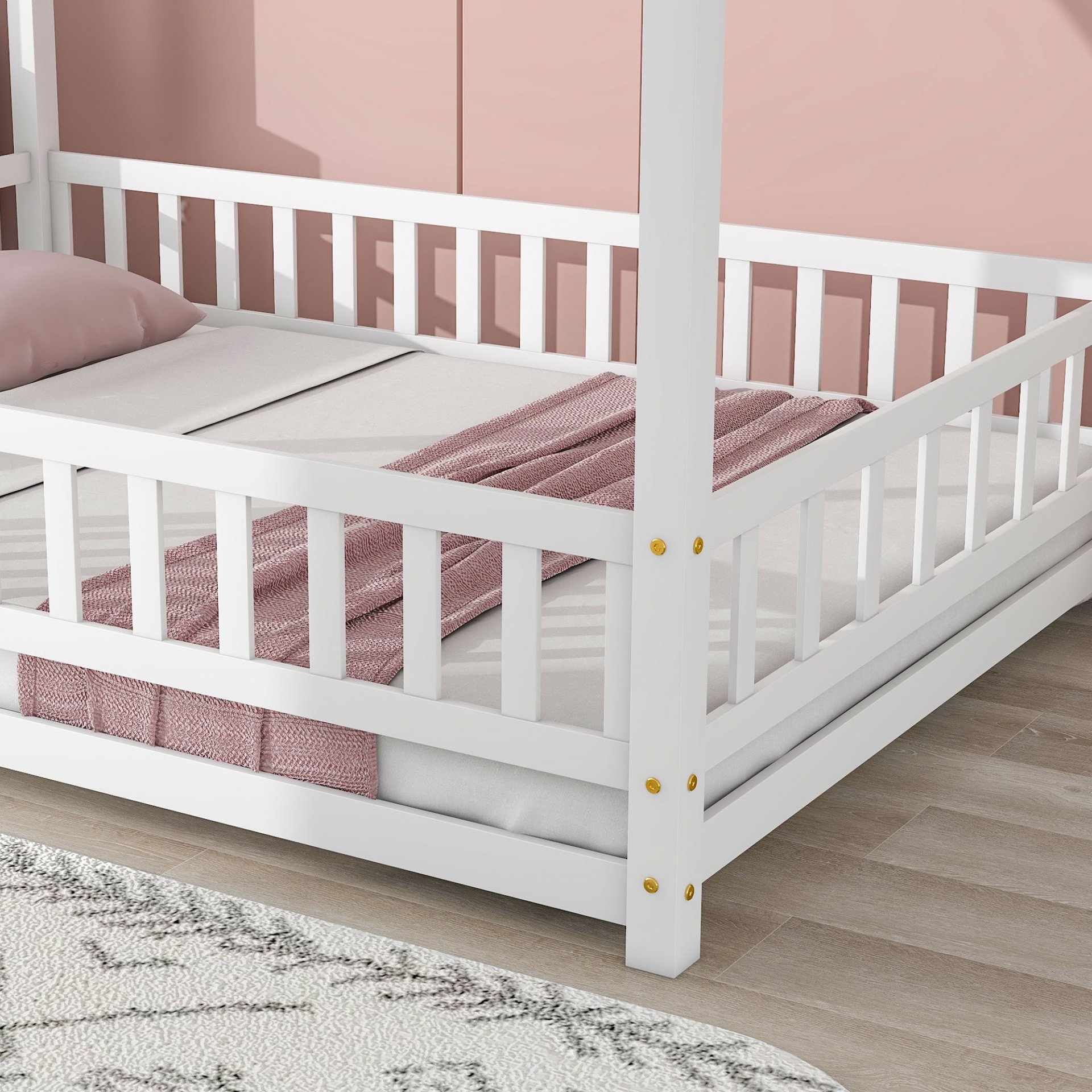 Full Size Floor Wooden Bed With House Roof Frame, Fence Guardrails - White - Image 7