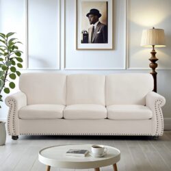 Soft Sofa, Upholstered 3 Seater Couch, Loose Back Cushions And Turned Legs - Ivory