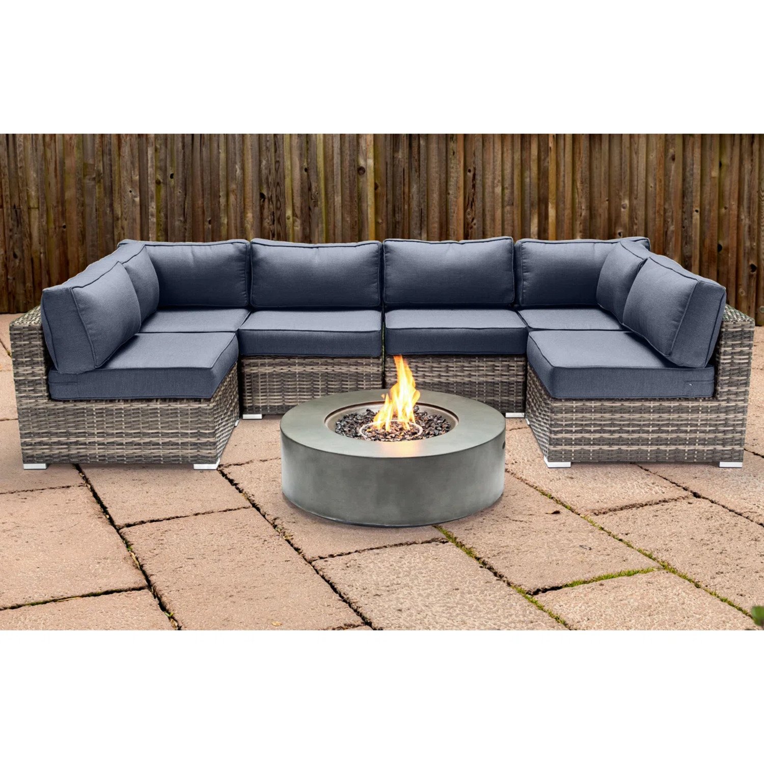 Outdoor 7 Piece Sectional Seating Group With Cushions And Fire Pit - Gray / Navy - Image 2