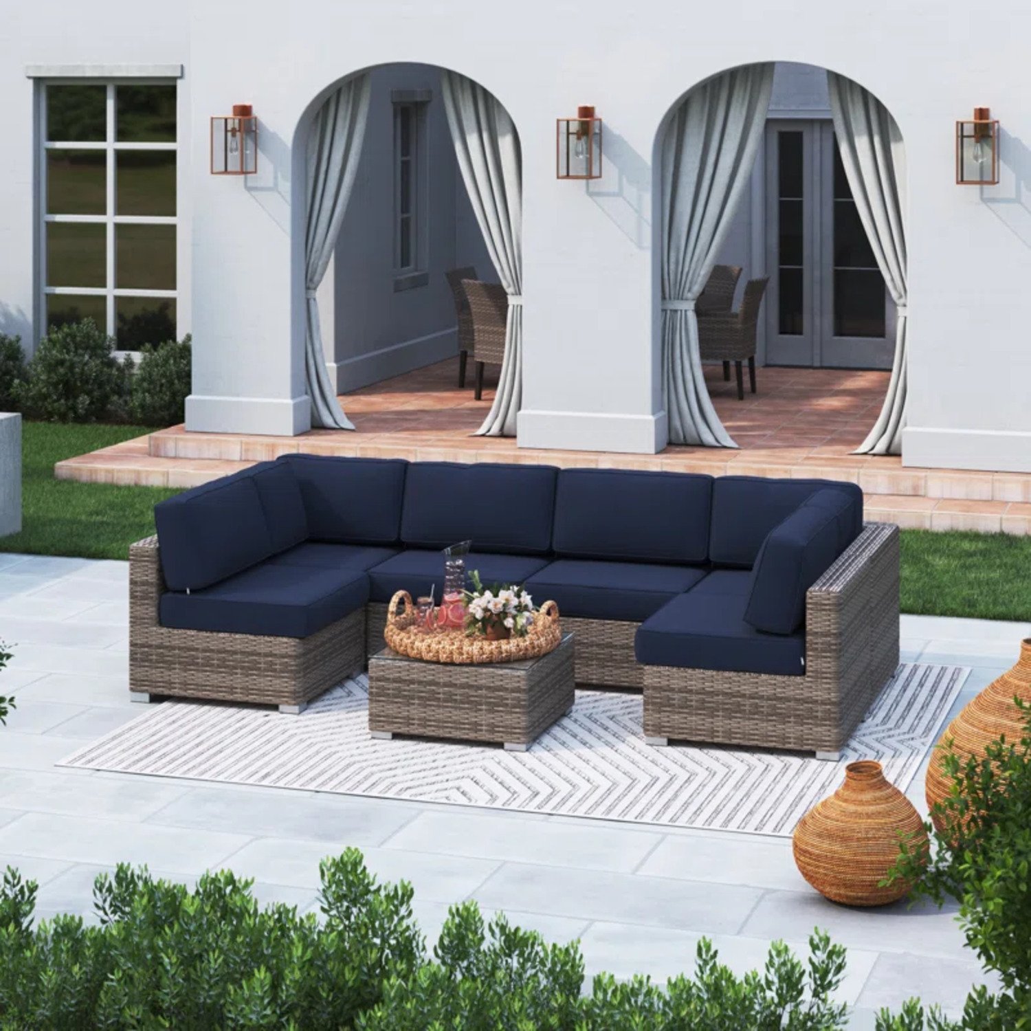 6 Person Outdoor Sofa Set With Premium Cushions, All Weather Wicker - Dark Blue / Gray Mix - Image 3