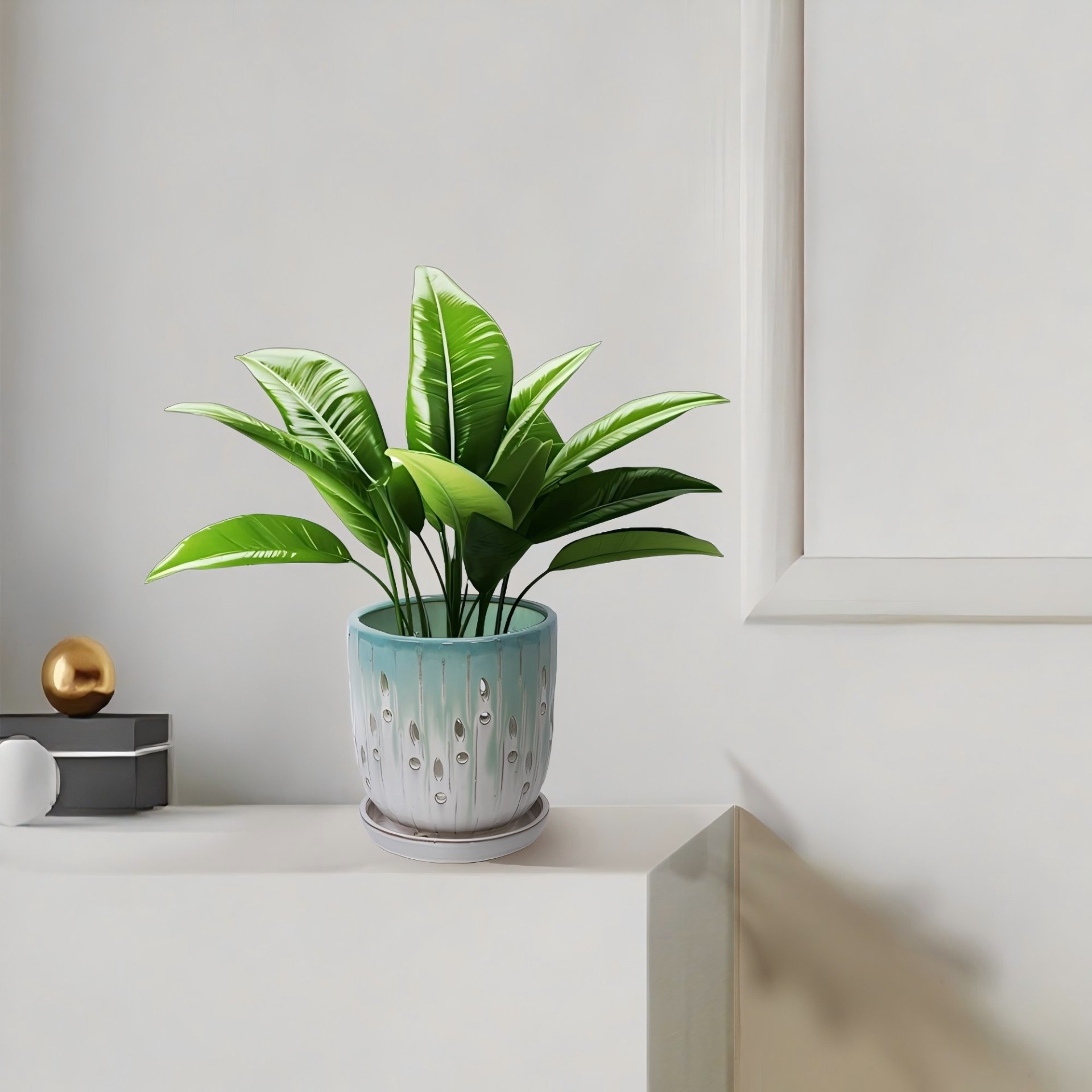 Ceramic Flowerpot With Drainage Hole, 8" Planter For Patio, Garden, Windowsill (Set of 2) - White / Green - Image 2