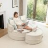 Modern Oversized Round Barrel Accent Chair With Ottoman Velvet Upholstered Lounge Armchair With 5 Pillows For Living Room Or Bedroom - Beige - Image 14