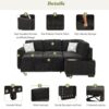 Sectional Pull-Out Sofa Bed L-Shaped Corner Sofa Couch With Storage Chaise, USB Ports, Power Sockets, Cup Holder For Living Room, Bedroom, Study - Black - Image 6