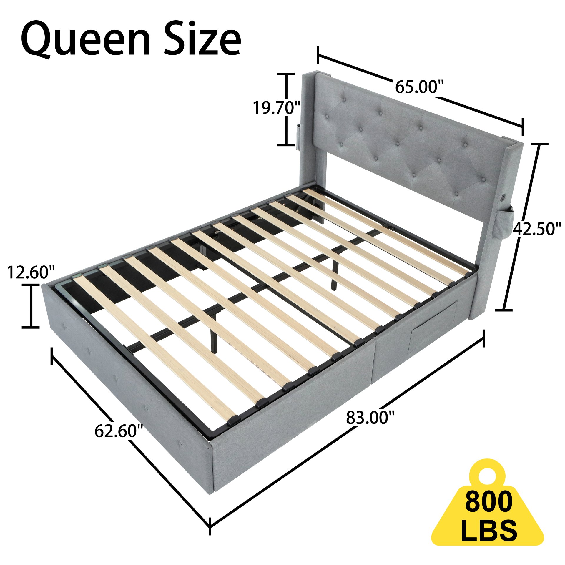 Queen Size Bed Frame With Lift Up Storage, Wingback Headboard And USB Ports - Light Gray - Image 3
