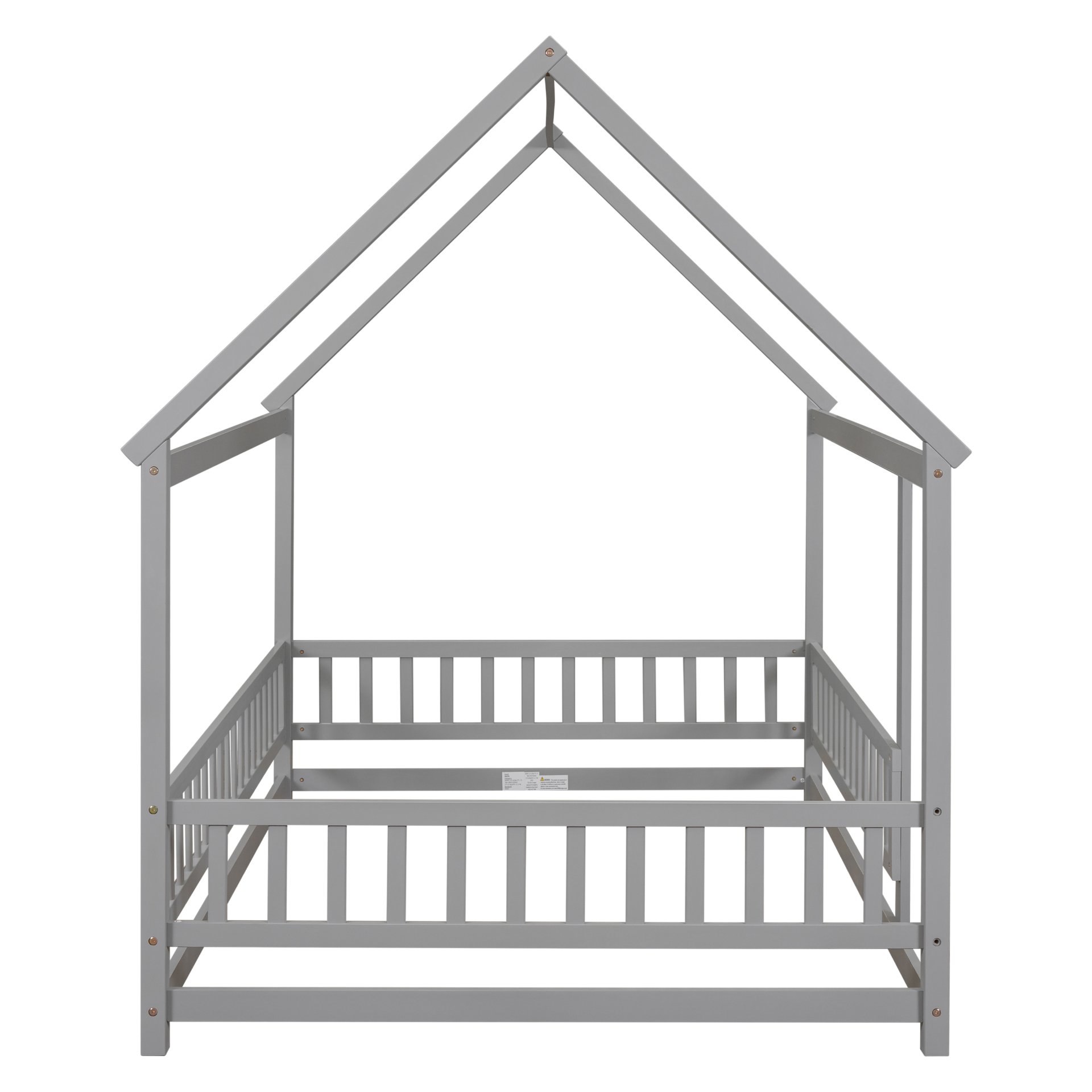 Full Size Floor Wooden Bed With House Roof Frame, Fence Guardrails - Gray - Image 9