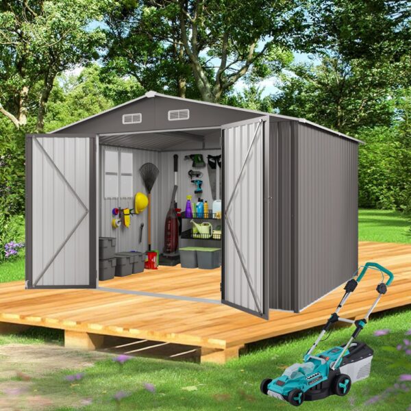 Large Metal Garden Shed With Double Door And Windows Waterproof Tool Shed - Gray