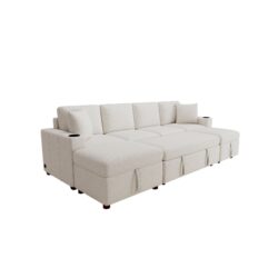 Chenille Sectional Sofa Convertible Pull Out Bed With Storage Ottoman & USB Ports - Beige