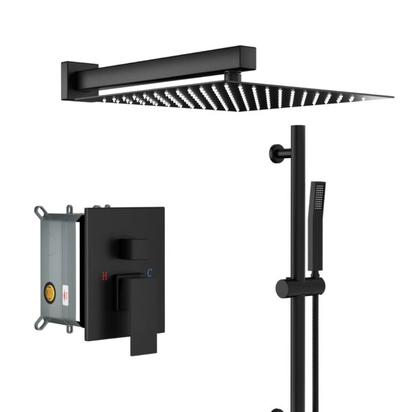 Shower System With Adjustable Slide Bar And Wall Mounted Square Shower Head - Matte Black